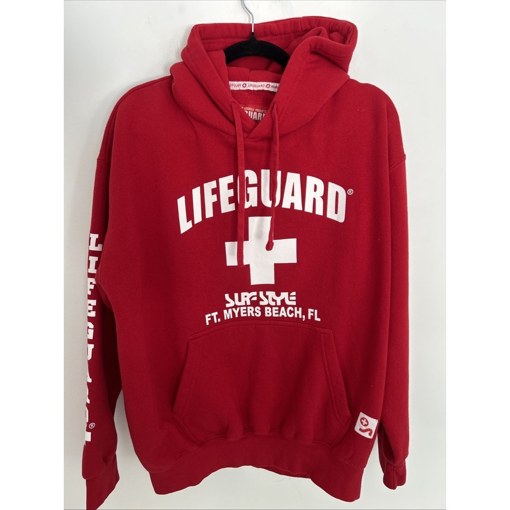 Surf Style Lifeguard Unisex Large Long Sleeve Red Front‎ Pockets Hoodie